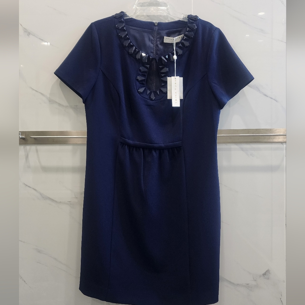 NWT Trina Turk Navy Blue Keyhole Embellished Crystal Mini Dress Size 12